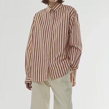 

Womens Cotton OL Blouse Long Sleeve Turn-down Collar Stripes Shirt Female Office Wear Business Loose Blouses and Shirts top