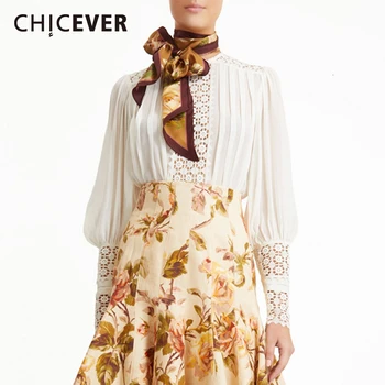 

CHICEVER Lace Up Bowknot Women's Blouse Lantern Sleeve O N ntage Shirt Female Fashion Autumn 2020 New Clothes