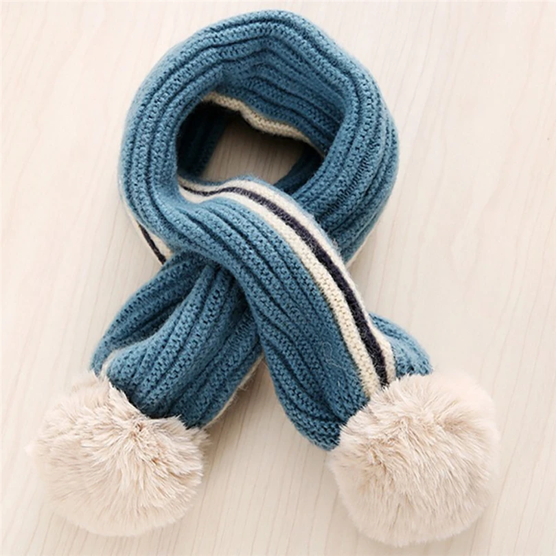 Прекрасный Детские зимние штаны шарф помпоном детская шарф для девочек, для мальчиков теплые шейные платки ребенка Вязание с меховыми бомбонами, шейный платок A40