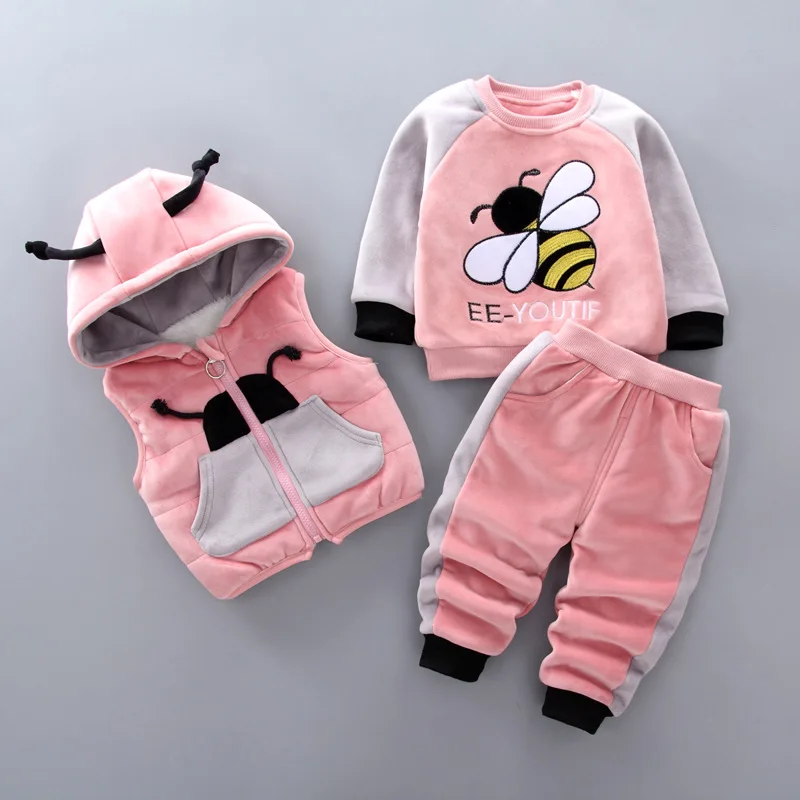 Boys Girls Autumn Warm sets 3Pcs bee pattern Infant Kids Children Sports Suit WaistCoat + Sweatshirt Pants Toddler Clothes | Детская