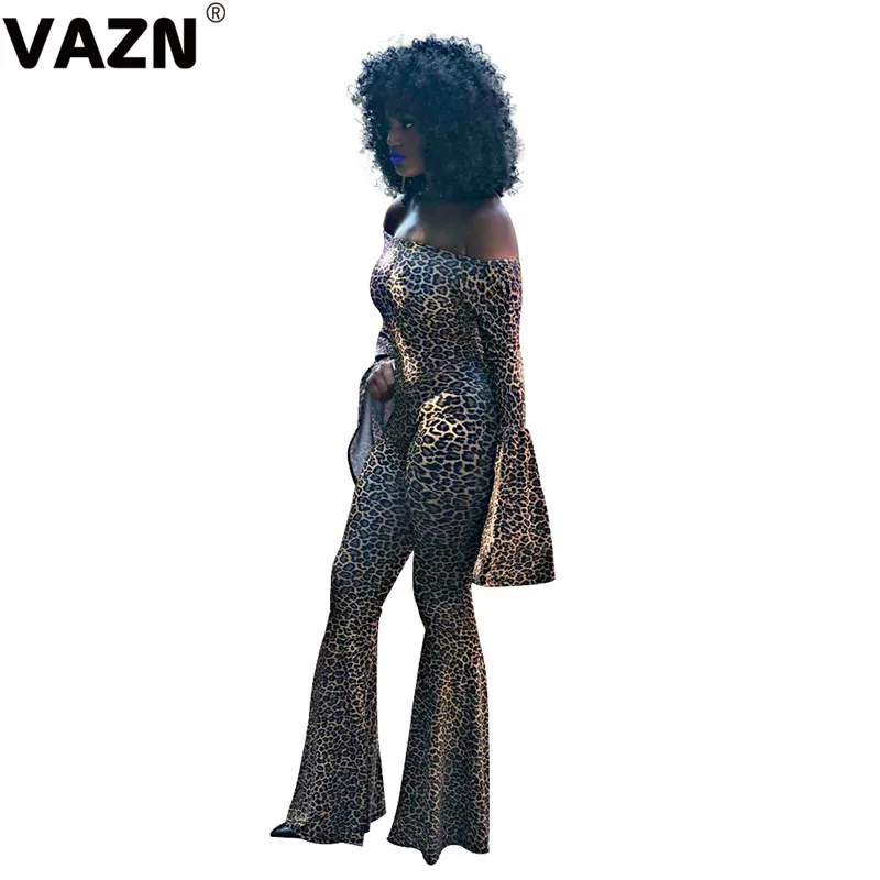 VAZN SN3690 Leopard New Overalls High-end Sexy Soft Mature Fashion Slash Neck Full Sleeve High Waist Women Long Pants Jumpsuits