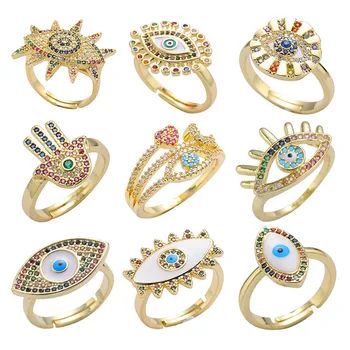 

Juya 18K Real Gold Plated Trendy Micro Pave Zircon Handmade Greek Evil Eye Rings For Women Men Open Adjustable Rings Supplies