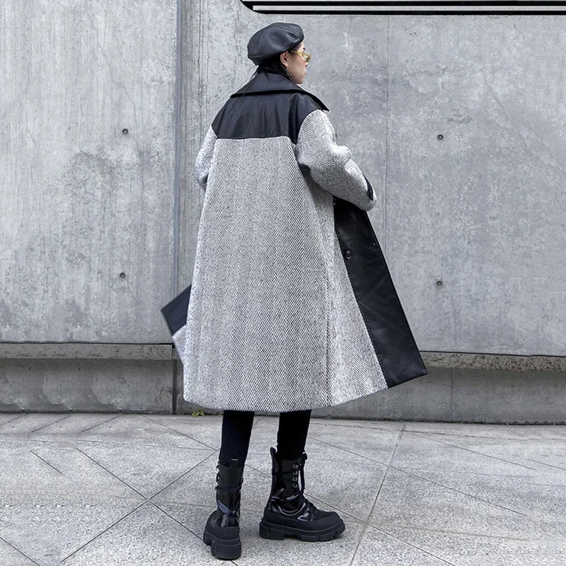 [EAM] свободное серое шерстяное пальто из искусственной кожи с разрезом большого размера, парки, новинка, длинный рукав, женская мода, Осень-зима, 1N011