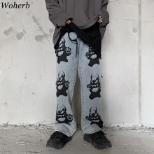Woherb Харадзюку, уличная одежда, винтажные прямые джинсовые штаны для женщин, мультяшный рисунок, хип-хоп стиль, повседневные свободные штаны, корейский стиль, новинка 91299