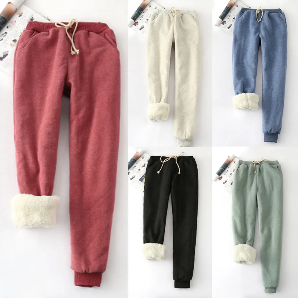 Women Winter Pants Thick Lambskin Cashmere Pants Warm Female Casual Loose Harlan Pants Drawstring Waist Long Trousers#T2G