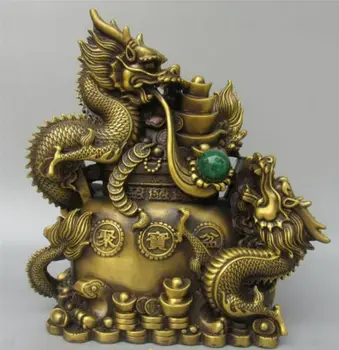 

Exquisite China Brass 12 Zodiac Year Dragon Loong Luck Treasure Bowl Statue