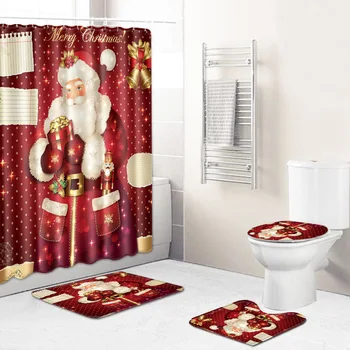 

Christmas Shower Curtain Mat Combination Four-Piece Set Bathroom Toilet Carpet Shower Room Mat Mat Cross-Border Hair