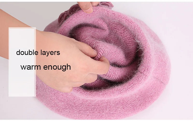 Women Beret Angora knit Hat Winter Warm Headwear Flower Casual Soft Classic Thermal Snow Outdoor Accessory (2)