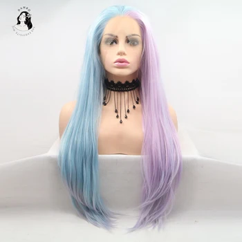 

DANBO front lace half light blue half light pink ladies long straight hair wig, suitable for white women cospaly or party