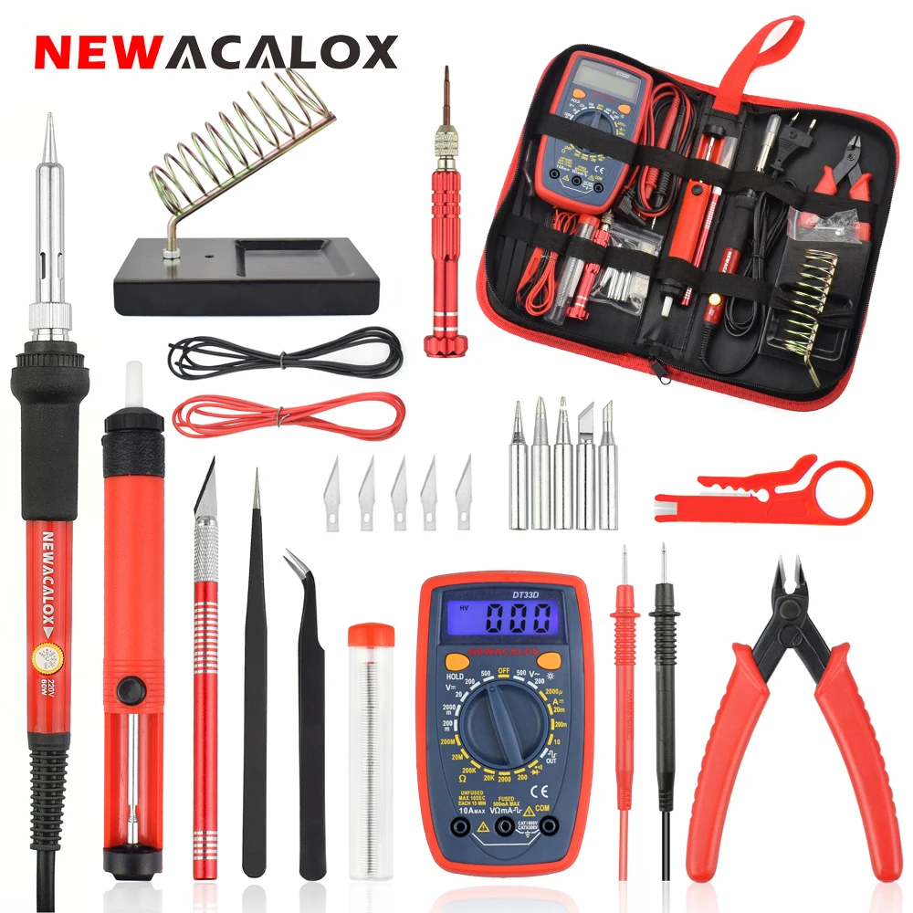 Kaufen NEWACALOX EU UNS 60W Elektrische Lötkolben Kit Digital Multimeter Pinzette Zange Entlötpumpe Solder Schweißen Reparatur Werkzeuge