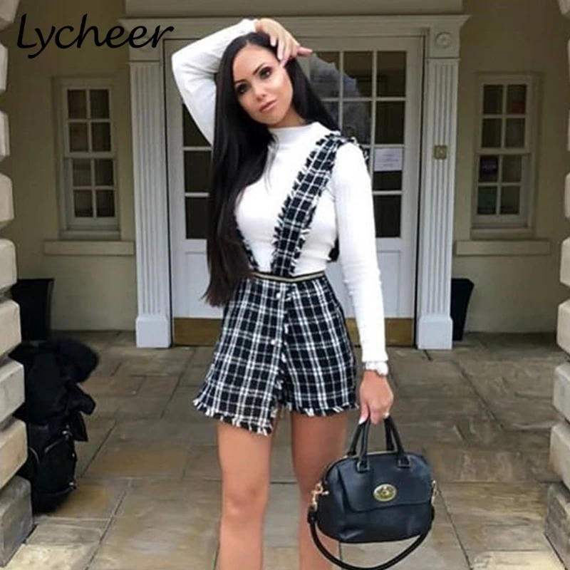 Lycheer, трапециевидная твидовая клетчатая женская короткая жилетка, юбка, Осень-зима, повседневная женская юбка для вечеринки, на тонких бретелях, Женская мини-юбка