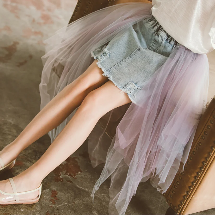 

2020 Summer girls tutu skirt baby denim skirt kids fashion skirt children fashion ripped mesh stitching jeans skirt