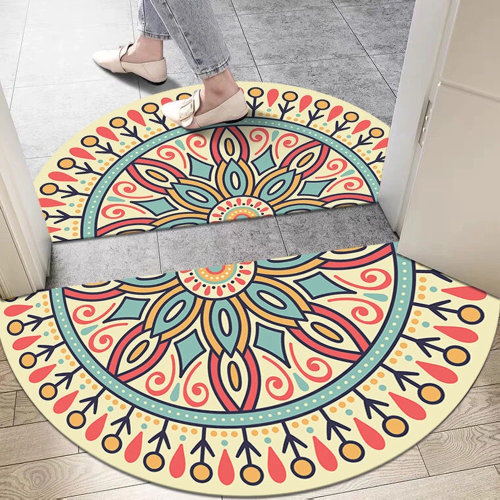 

Water Absorbent Bath Mats Half Round Entrance Doormat Anti Slip Floor Mat Boho Ethnic Style Bedroom Carpet Bathroom Rugs