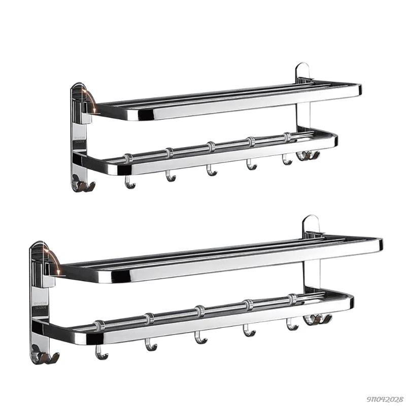 Stainless Steel Wall Mounted Foldable Bath Towel Rack Rail Holder Punch-Free Bathroom Storage Shelf with 4 Sliding Hooks A22