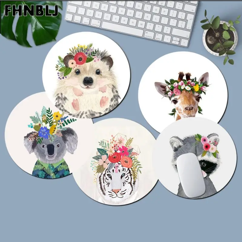 

FHNBLJ Animal wearing flower hedgehog cow dog cat fox Beautiful Anime round Mouse Mat gaming Mousepad Rug For PC Laptop Notebook