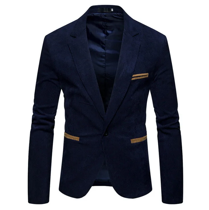 navy blue Осенний мужской брендовый пиджак, мужской однотонный вельветовый пиджак, Мужской Блейзер, модный тонкий мужской повседневный пиджак - Цвет: navy blue