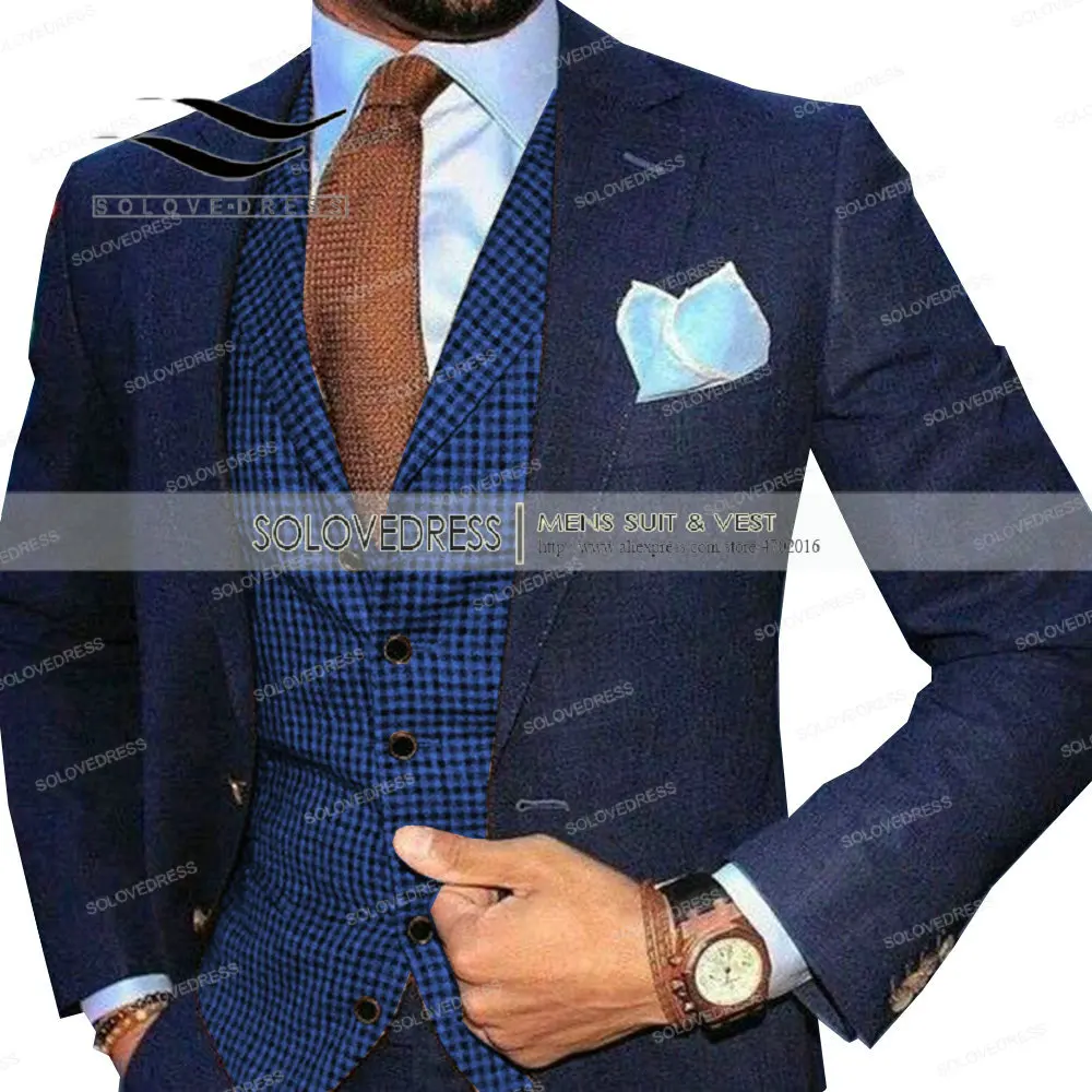 Мужской костюм жилет с v-образным вырезом шерстяной клетчатый Повседневный официальный деловой жилет Groomman для свадьбы зеленый/коричневый/серый/кофейный - Цвет: Royal blue