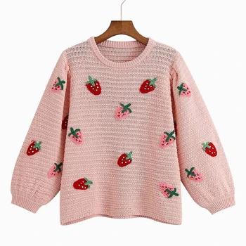 

Light Women Sweater Autumn 2020 New Fashion Cute Strawberry Pattern O-Neck Top Modern Girl Knit Pullover Sweaters