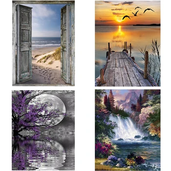 

4Pieces/lot DIY 5D Door Diamond Painting Sunset scenery Cross Stitch Waterfall Diamond Embroidery Full Round Drill Home Decor