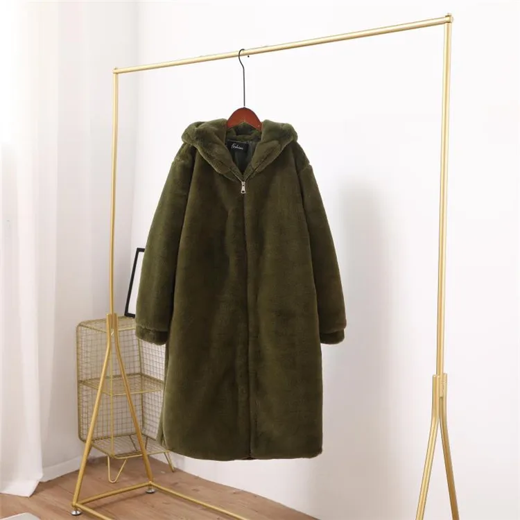 army green Зимняя Женская Толстая теплая длинная куртка с капюшоном из искусственного меха, Женская Высококачественная пушистая шуба из кроличьего меха, большие размеры, свободные парки Z1012 - Цвет: army green