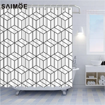

SAIMOE Geometric Pattern Shower Curtain Simple Polygon Square Grid Golden Line Printing Decor Bathroom Shower Curtain Waterproof