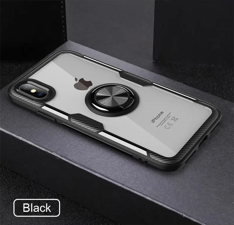 Роскошный противоударный бронированный чехол для Apple iPhone X 8 7 6 6S Plus Чехлы металлический держатель кольца для iPhone X XS Max XR coque - Цвет: Black