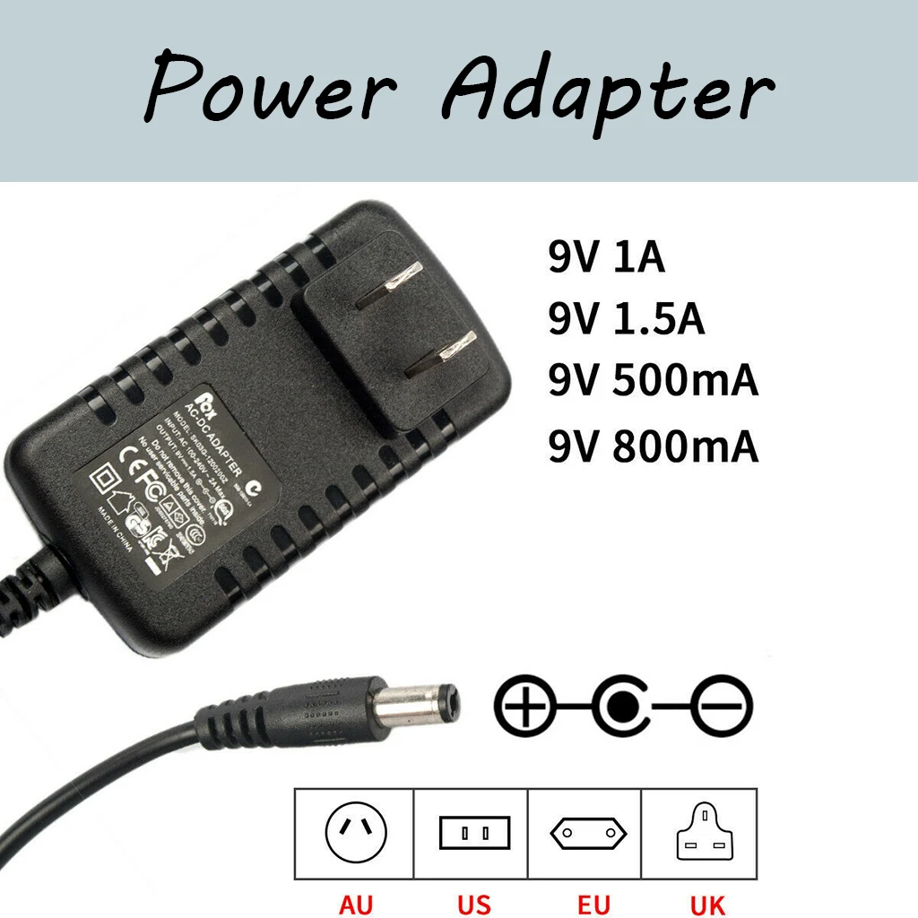 9 В AC DC адаптер питания 1.5A/1A/800mA/500mA ток отрицательный внутри положительный