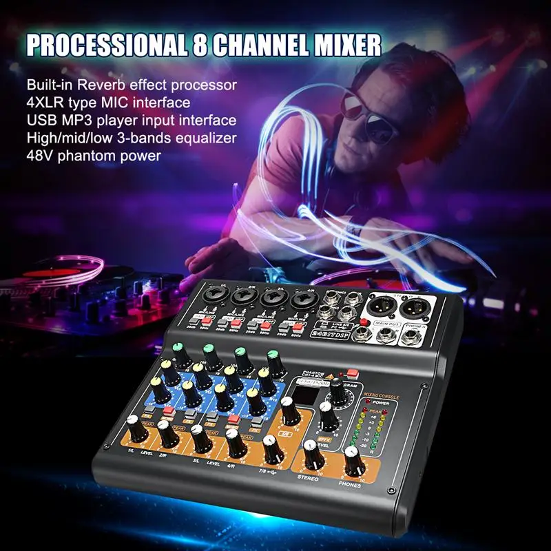 

Mini Portable Mixer 8 Channel Professional Live Studio Audio KTV Karaoke Mixer USB Mixing Console 48V for Family KTV(EU Plug)