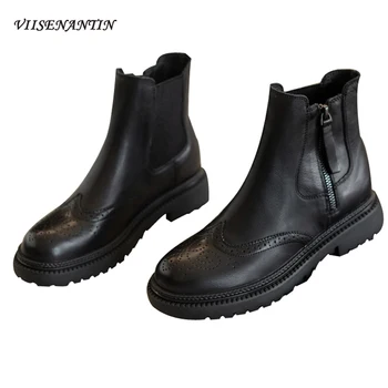 

Autumn Winter New British Side Zipper Retro Genuine Leather Riding Boots Carved Thick Sole High-top Brown Flat Platform Shoes