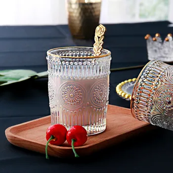 

Retro Glass Cups Embossed Sun Flower Breakfast Cup Beer Tea Milk Juce Cups Phnom Penh Colorful Drinking Wine Mug Water Bottle