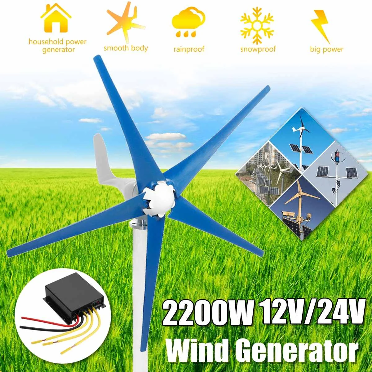 

2200W 12V/24V 5 Blades Wind Turbines Generator Horizontal-Axis With Charge Controller for Home, Streetlight Residential,Boat use