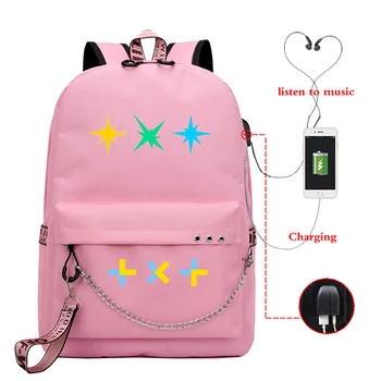 

Pink Backpack Women Kpop TXT Backpack Tomorrow X Together School Bags for Teenage Girls USB Chager Laptop Bagpack Plecak Mochila