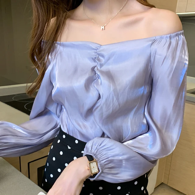 Korean Clothes Autumn V-eck Woman s Blouses Vintage Puff Long Sleeve Satin Silk Shirts Overalls for Women Blusas Mujer 10542
