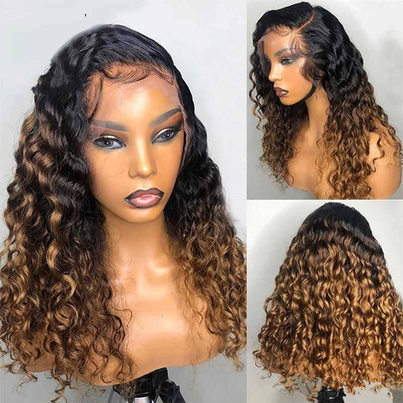 Ombre Honey Blonde lace front Human Hair Wig Kinky Curly 13x6  Pre Plucked Full Lace Human Hair Wigs Black Women