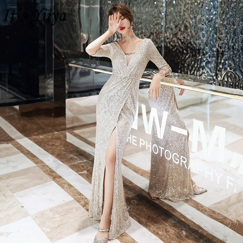 

It's YiiYa Evening Dress V-Neck Mermaid Half Sleeve Sequined Robe De Soiree K064 Floor-Length Zipper Split Women Party Dresses