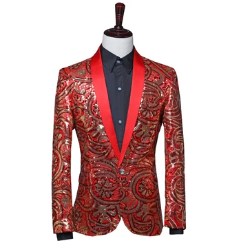

Red Fancy Sequin Lapel Slim Men Suit Blazer Chinese Dress Stage Host Singer Jacket Prom Party Gala Blue Wedding Suit Coat Tops