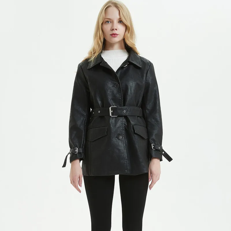 

Chaquetas de cuero mujer 2019 long section women's leather jacket loose locomotive chaqueta de cuero mujer lapel jacket belt