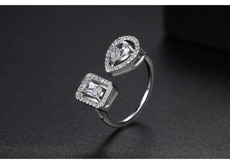 LUOTEEMI Stylish Heart&Square Resizeable Rings for Women Party with Clear AAA CZ Double Color Open Ring Fashion Jewelry Gift