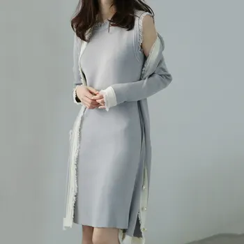 

2 Piece Outfits for Women 2019 Fall Korean Sleeveless Tank Knitted Mini Dress +Single Breasted Fringe Long Cardigan 2 Pieces Set
