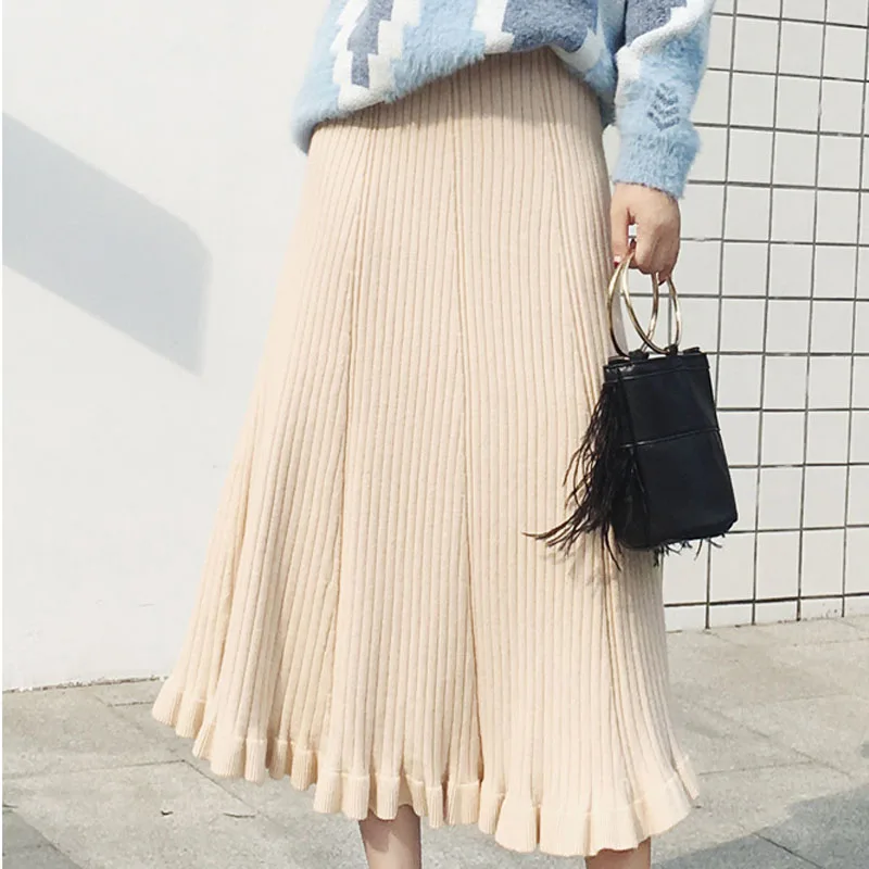NORMOV Fashion Women Autumn Winter Solid Color Skirt Long Ruffle Pleated Skirts Knitted High Waist Warm Wool Skirts 2 Color