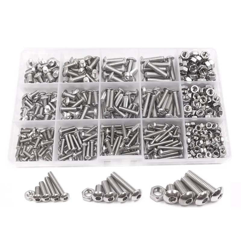

500pcs M3 M4 M5 A2 Stainless Steel ISO7380 Button Head Hex Bolts Hexagon Socket Screws With Nuts Assortment Kit