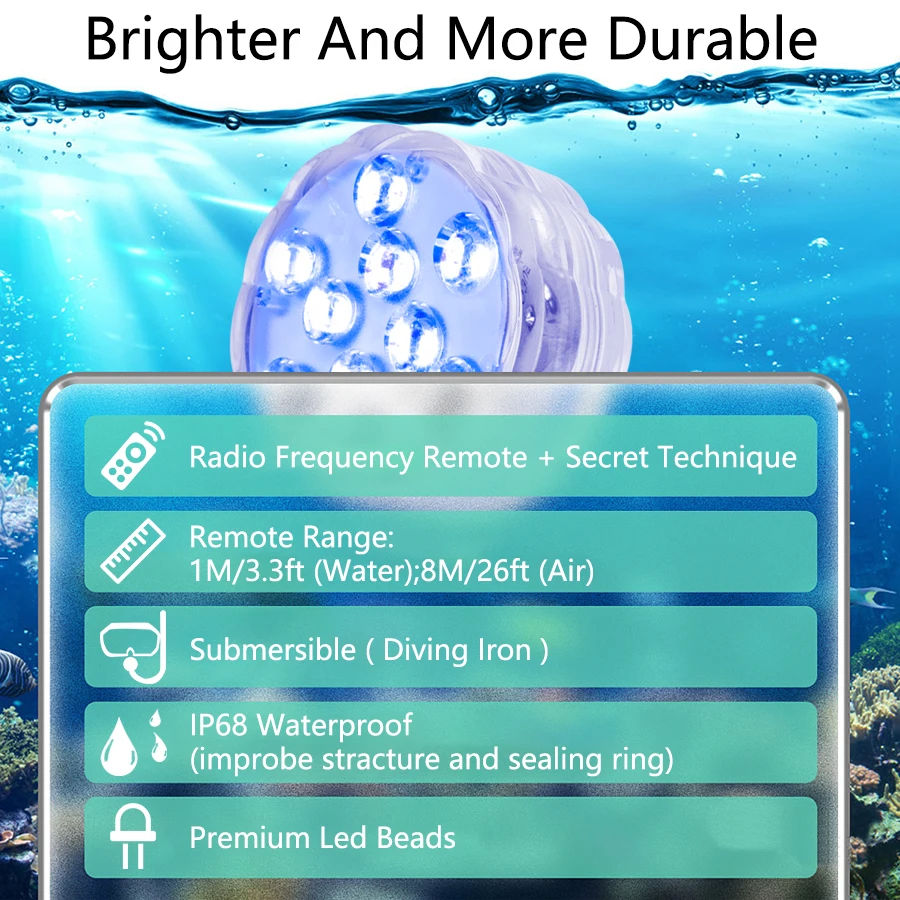 Underwater Light 10Led Swimming Pool Light Remote Control RGB Dive Fish Light LED Portable Battery Operated for Vase Aquarium