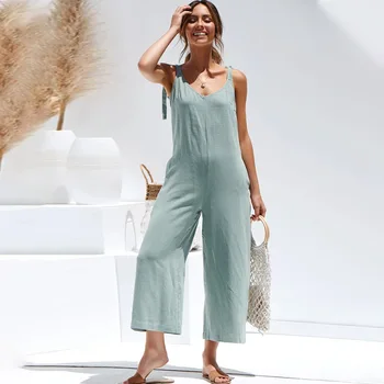 

2020 New Spring Summer Jumpsuits Women Lace Up Ankle-length Pants Cotton Loose Casual Solid Jumpsuits