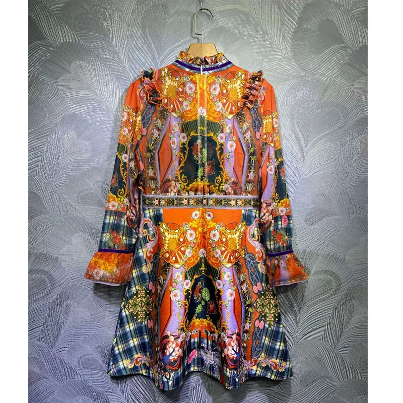 SEQINYY Vintage Dress Flowers Orange Purple Plaid Print 2020 Summer Spring New Fashion Design Ruffles Mini Jacquard Runway