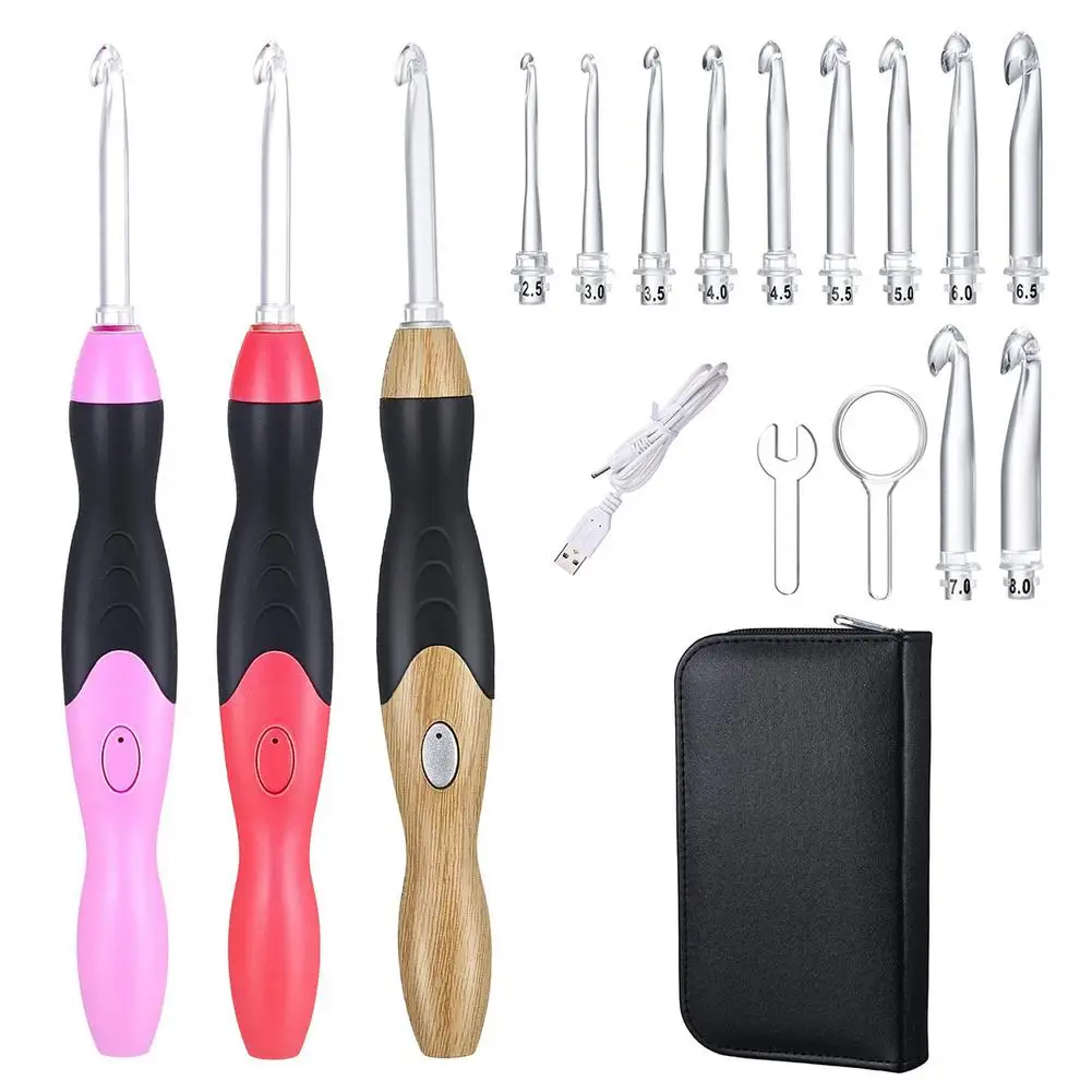 15pcs Rubber Handle Crochet Hooks 2-10mm LED Light Crochet Knitting Needles Set With Case & 1pc Wrench & 1pc USB Charging Cable