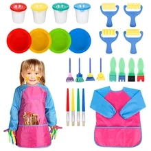 25pcs Kids Paint brushes & Sponge Painting Supplies Brushes Set Children Paint Bowls Spill Proof Paint Pots with Apron Toy Kit