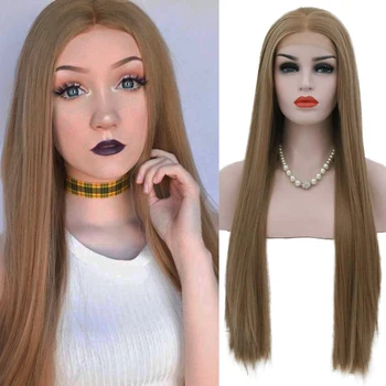 

AIMEYA Gold Brown Silky Straight Heat Resistant Fiber Synthetic Lace Front Wig for Women Half Hand Tied Natural Hair Lace Wigs