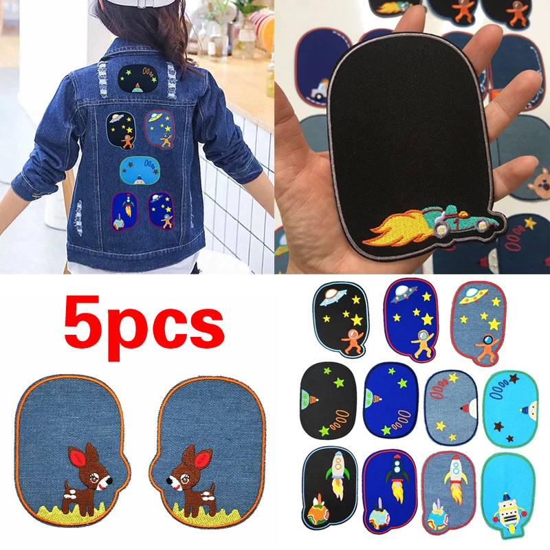 5Pcs Cartoon Jeans Patch Iron On Denim Patches Embroidered Sewing Repair Elbow Knee Patches For Children Kids Jeans Clothes