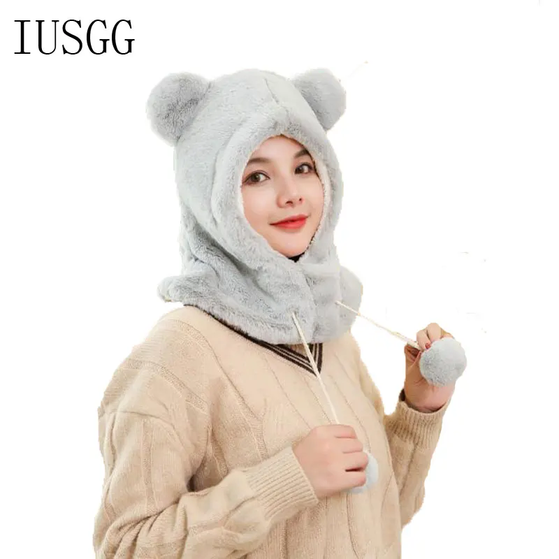 

Cartoon Plush Ear Hooded Cap Winter Cap Funny Soft Warm Scarf Earmuff Plush Hats Kawaii Bear Ear Thick Winter Fleece Snow Cap