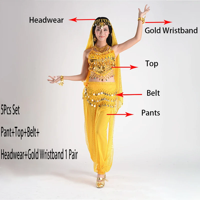 Yellow 5pcs set Индийская одежда для дам костюмы для танца живота для продажи брюки для женщин Болливуд индийский Египетский танец живота платье для взрослых Новинка - Цвет: Yellow 5pcs set